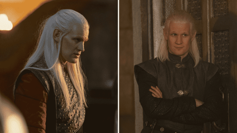 Images côte à côte d'un homme en tenue médiévale aux cheveux blonds blancs (longs sur une photo, courts sur l'autre);  photos de "Maison du Dragon"