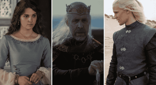 Side-by-side stills of a teen girl in a medieval dress, an aging medieval king with a crown, a man with short white-blond hair standing on the beach in a medieval tunic; from "House of the Dragon"