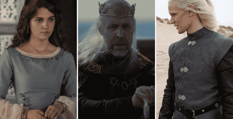 Side-by-side stills of a teen girl in a medieval dress, an aging medieval king with a crown, a man with short white-blond hair standing on the beach in a medieval tunic; from "House of the Dragon"