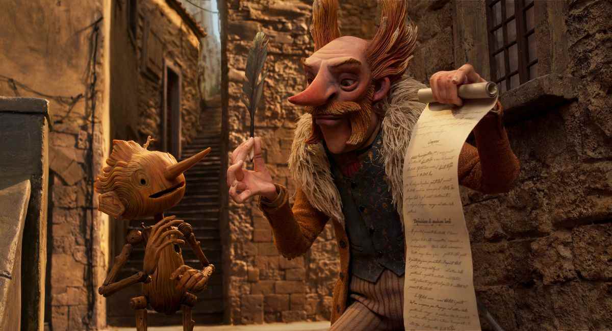 Le comte Volpe, un sinistre maître de piste aux cheveux roux, tient un contrat avec une plume pour que Pinocchio le signe