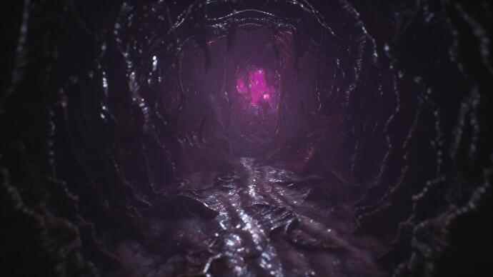 Revue Scorn - un couloir noir d'aspect organique avec quelque chose qui brille d'un violet inquiétant à la fin