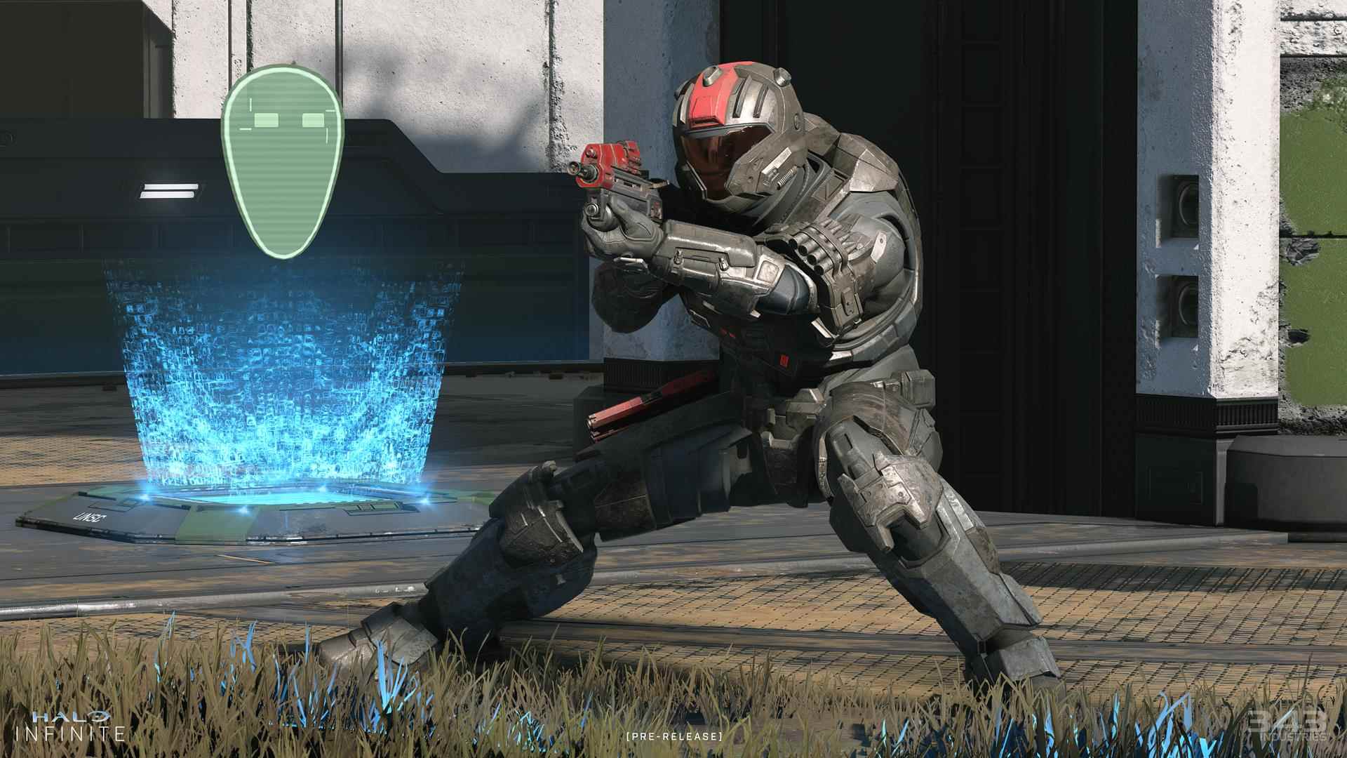 Halo Infinite Spartan dans une pose de combat se préparant à tirer avec une arme