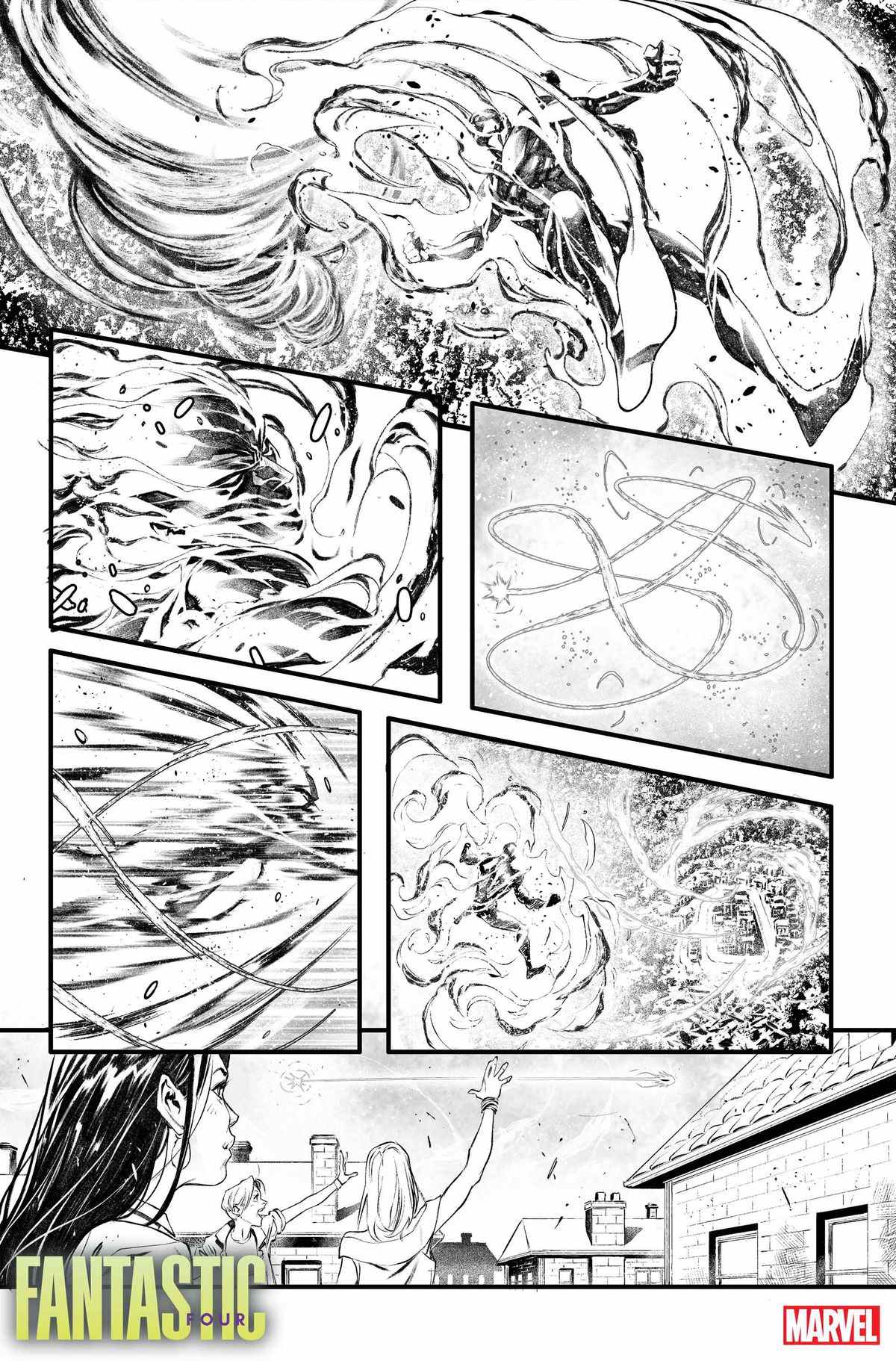 Johnny Storm / The Human Torch vole sauvagement dans le ciel en flammes dans Fantastic Four # 3 (2022). 