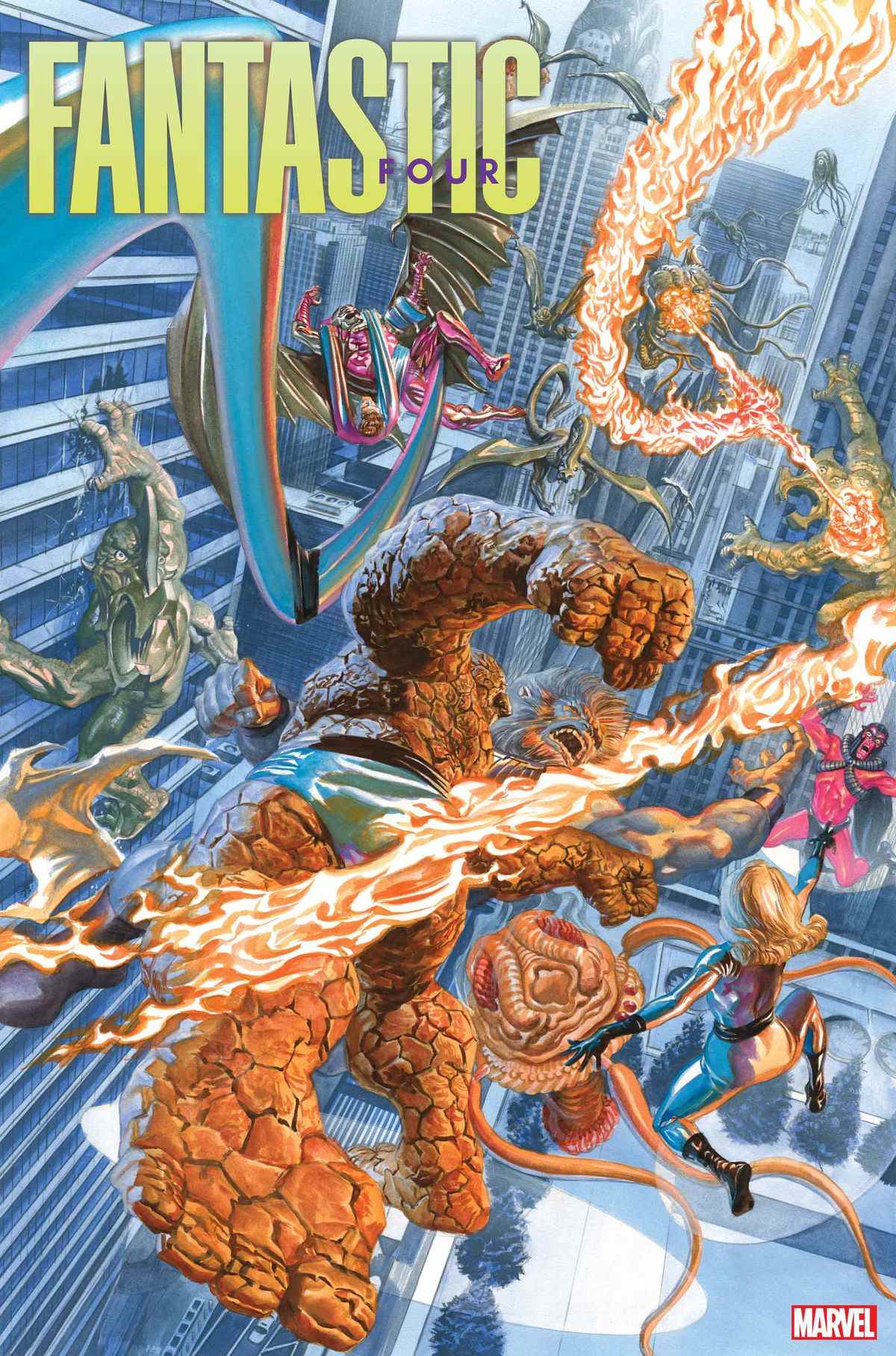 Les Fantastic Four combattent des créatures fantastiques sur la couverture de Fantastic Four # 4 (2023).