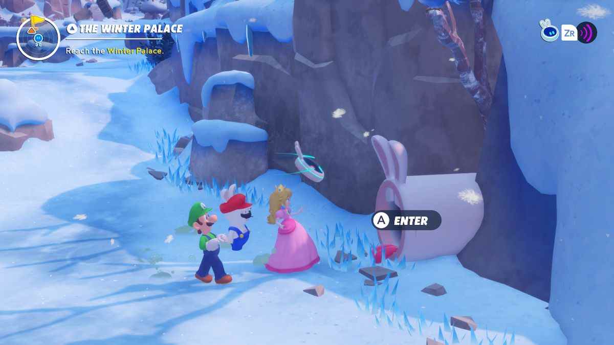 Peach, Luigi et Rabbid Mario entrent dans une pipe sur le thème des Lapins cachés dans un mur de montagne dans Mario + Rabbids Sparks of Hope