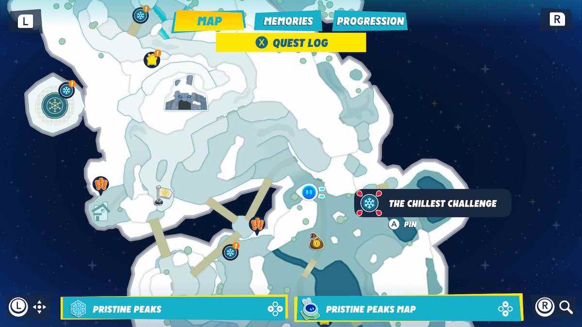 Une carte de Pristine Peaks dans Mario + Rabbids Sparks of Hope, montrant l'emplacement d'un pingouin caché perdu dans un arbre