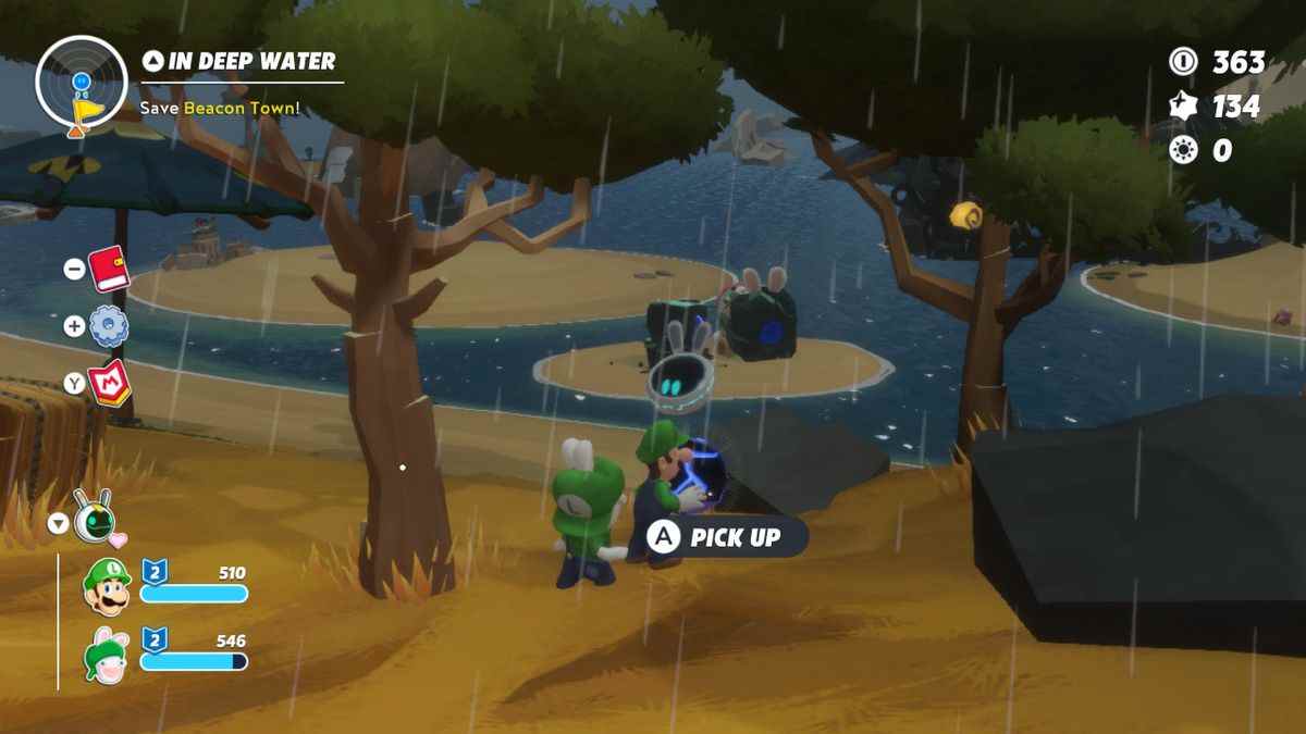 Luigi et Rabbid Luigi attrapent une boule bleue et se préparent à la déposer dans un canon en arrière-plan de l'image dans Mario + Rabbids Sparks of Hope