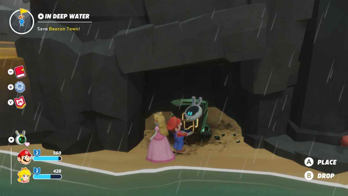 Mario et Peach se préparent à insérer un cube orange dans un réceptacle dans Mario + Rabbids Sparks of Hope