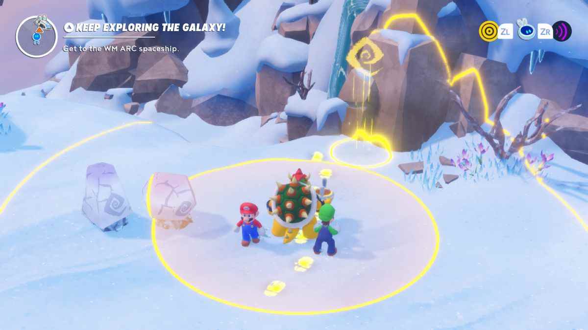 Bowser, Mario et Luigi utilisent la capacité Scan pour trouver des empreintes de pas et un objet caché spécial dans Mario + Rabbids Sparks of Hope