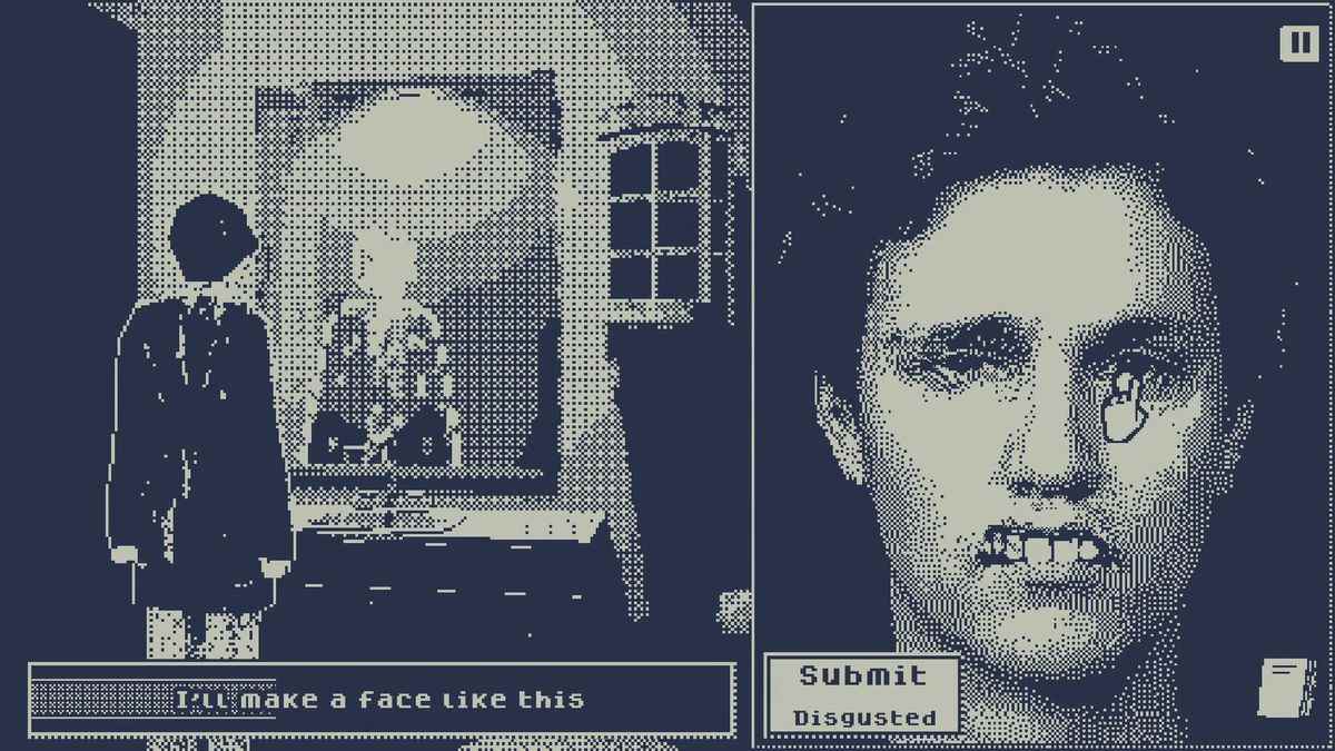 Le joueur se regarde dans un miroir en tant que William, le protagoniste de Who's Lila.  Sur le côté droit de l'écran, ils manipulent son visage pour faire une expression dégoûtée.