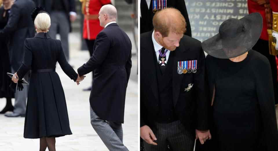 Zara et Mike (L) et Meghan et Harry (R) se sont tenus la main lors des funérailles nationales de la Reine en septembre.  (Getty Images)