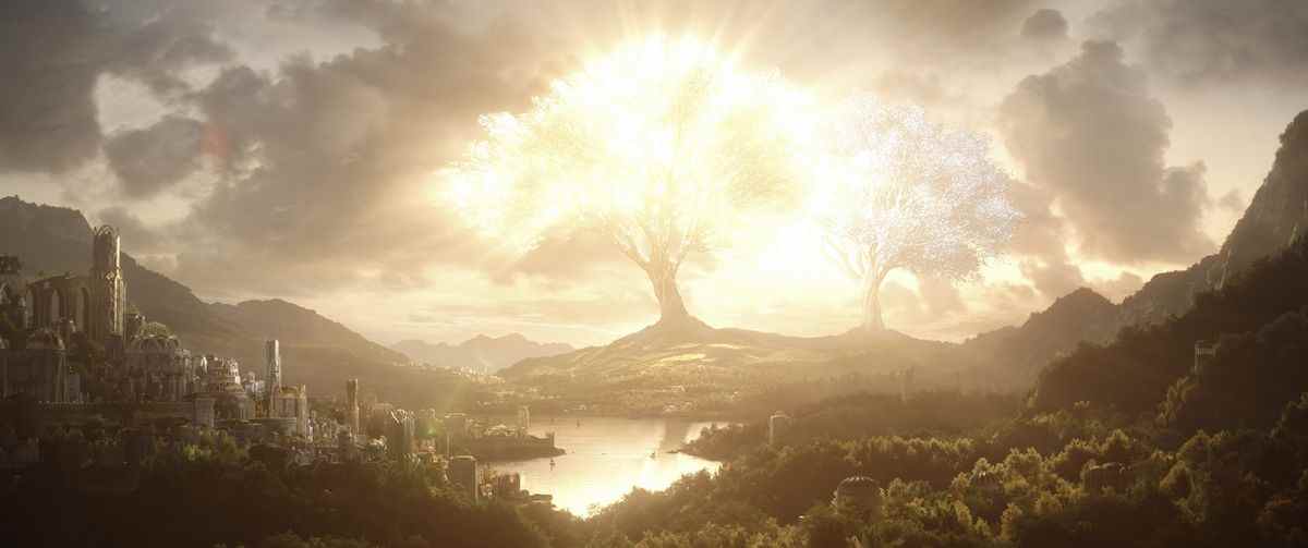 Une vue surplombant le paradis elfique de Valinor, une ville fantastique bordée par une rivière et éclairée par la lumière brillante de deux arbres radieux.