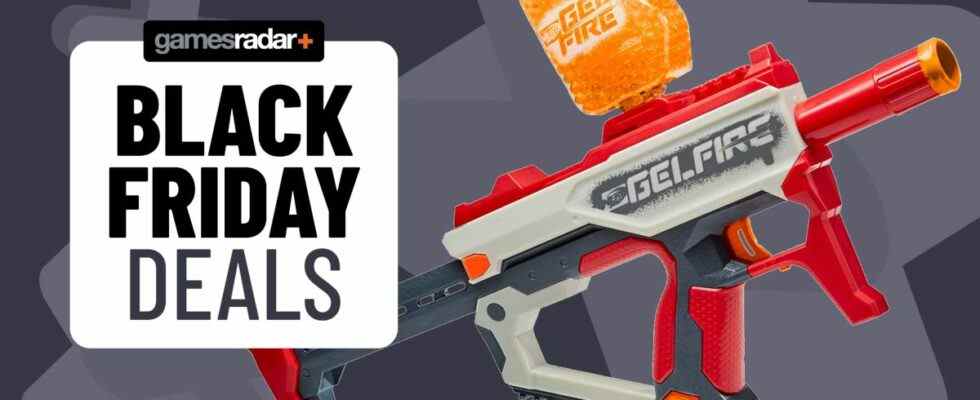 Black Friday Nerf deals badge with a Nerf Pro Gelfire Mythic blaster