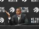 Le président des Raptors de Toronto, Masai Ujiri, parle aux médias de la saison à venir et de l'expansion du jeu à l'échelle mondiale le lundi 26 septembre 2022. 
