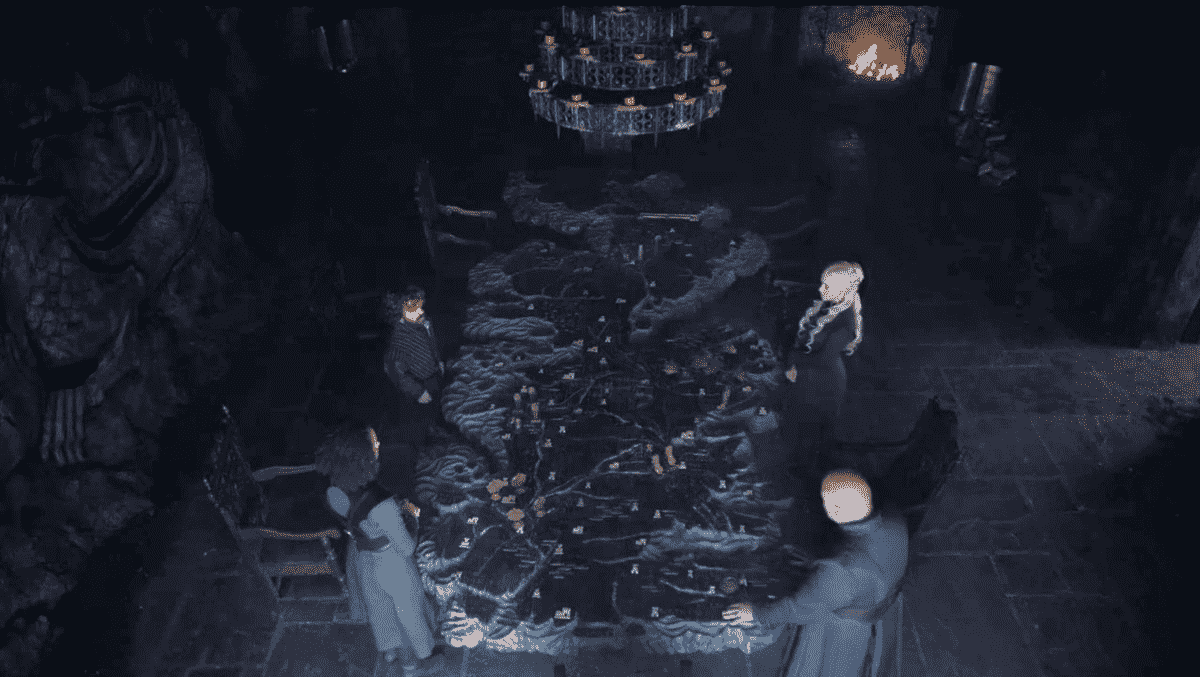 Daenerys Targaryen et ses conseillers se tiennent autour de la table peinte (sans éclairage malade) dans Game of Thrones)