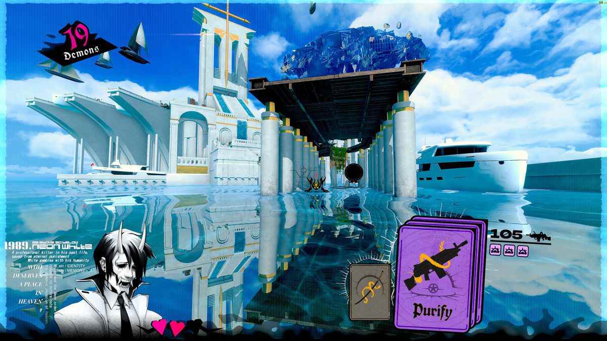 Sauter à travers l'un des niveaux de Neon White.  Un démon illustré se trouve dans le coin inférieur gauche de l'écran.  Le niveau est affiché dans les graphiques 3D.  Le sol ressemble à de l'eau et le bâtiment au premier plan semble complexe, avec de nombreux piliers.
