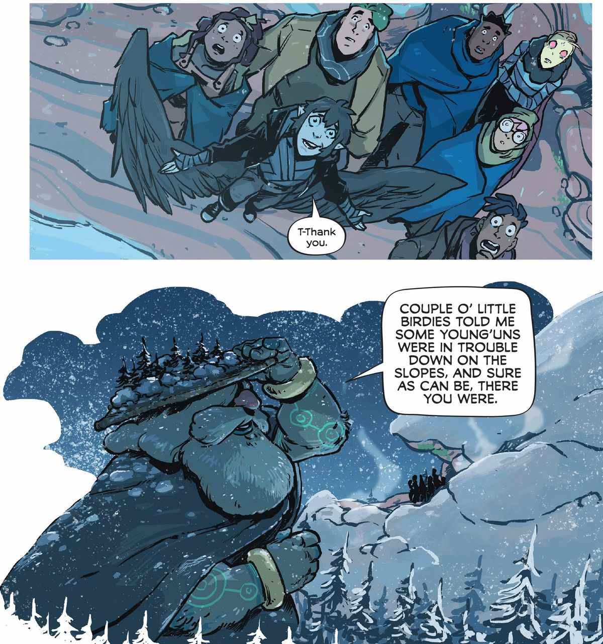 Les adolescents héroïques de Wynd: Throne in the Sky # 3 (2022) regardent une personne barbue si énorme que des pins poussent sur leur chapeau.  