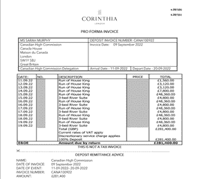 La facture officielle de l'hôtel Corinthia pour le séjour de la délégation canadienne lors des funérailles de la reine.