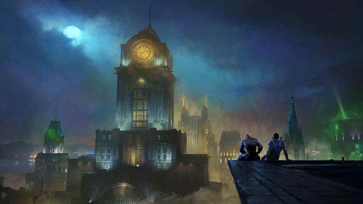 Art conceptuel pour Gotham Knights, dans lequel Red Hood et Nightwing sont assis au bord d'un bâtiment au premier plan, regardant le beffroi