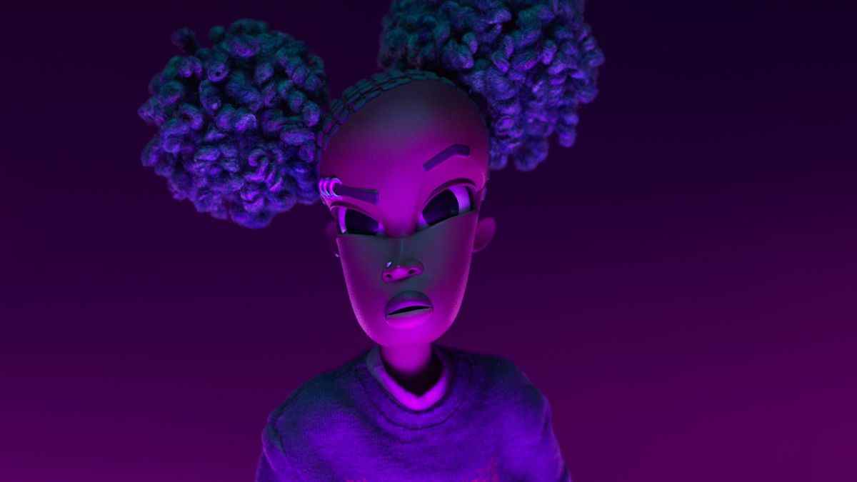 La protagoniste de 13 ans, Kat, une fille noire avec ses cheveux en grosses bouffées rondes symétriques, se tient dans une lumière violette profonde et regarde la caméra dans le film d'animation en stop-motion Wendell &  Sauvage