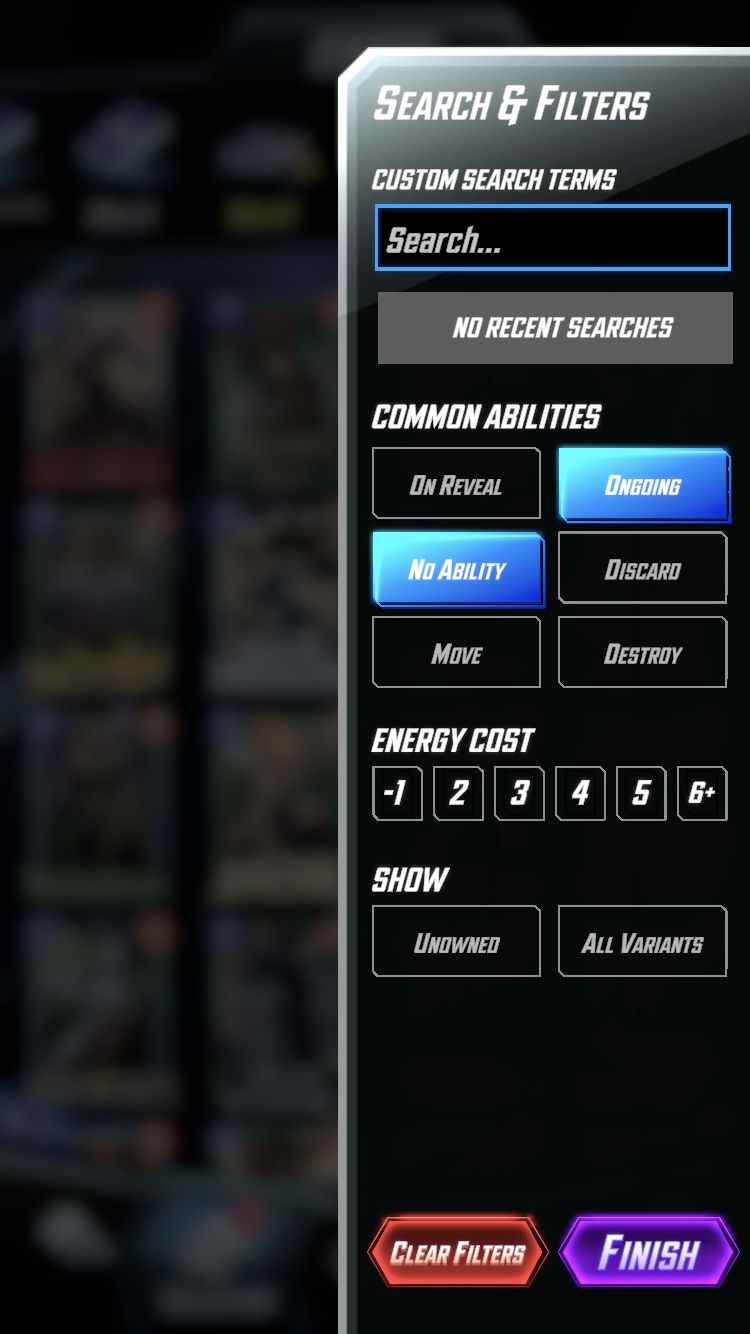 Les menus des filtres Marvel Snap présentent une foule d'options permettant de réduire le nombre de cartes activement affichées dans la bibliothèque de cartes.