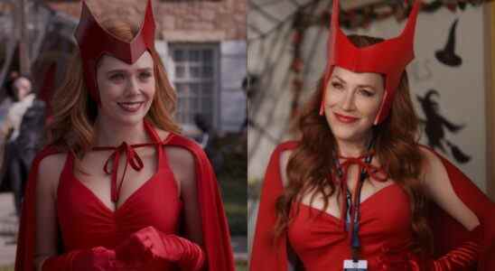 Elizabeth Olsen as the Scarlet Witch in WandaVision and Lisa Ann Walter as Mellissa Schemmenti dressed in a Scarlet Witch costume on Abbott Elementary.