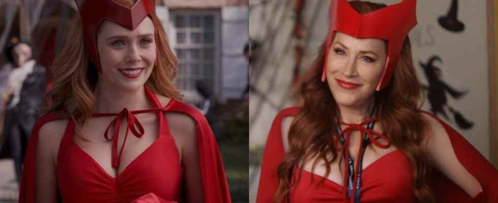 Elizabeth Olsen as the Scarlet Witch in WandaVision and Lisa Ann Walter as Mellissa Schemmenti dressed in a Scarlet Witch costume on Abbott Elementary.