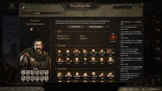 Meilleurs mods Bannerlord - l'écran de l'encyclopédie pour Pryndor a des options pour accorder un fief ou envoyer un messager pour des relations plus diplomatiques.