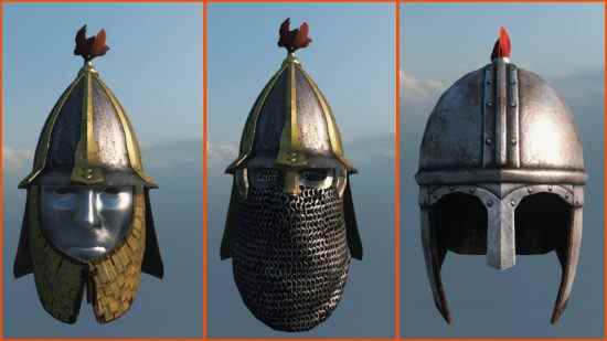 Meilleurs mods Bannerlord - trois des casques de l'armurerie Open Source, présentés sur un fond représentant le ciel et quelques nuages.