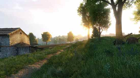 Meilleurs mods Bannerlord : une petite ferme avec des arbres et un champ luxuriant au soleil couchant.