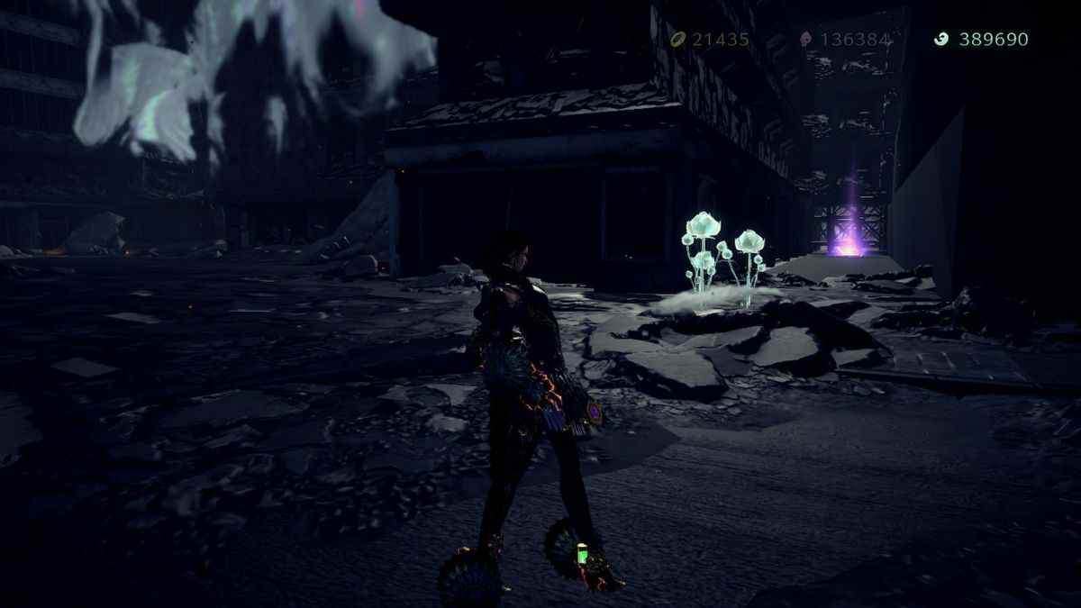 Bayonetta se tient dans une grotte près d'une perle de lune brisée et de champignons incandescents.