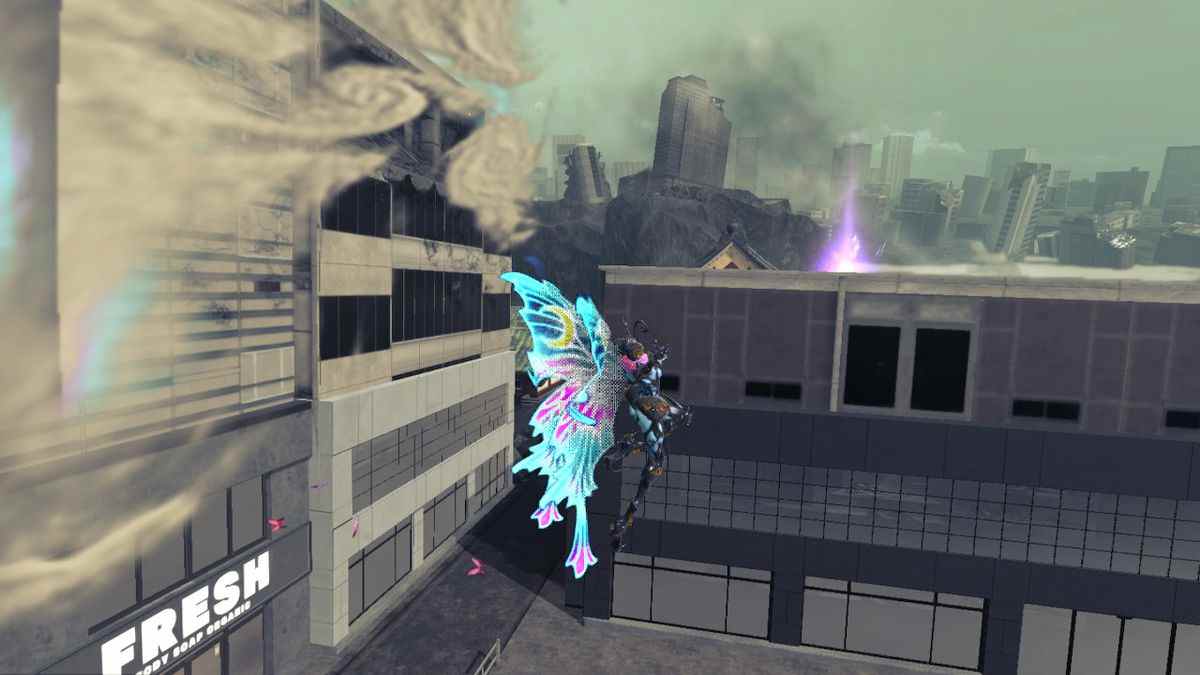 Bayonetta, portant des ailes de papillon, bondit entre deux toits dans Bayonetta 3.