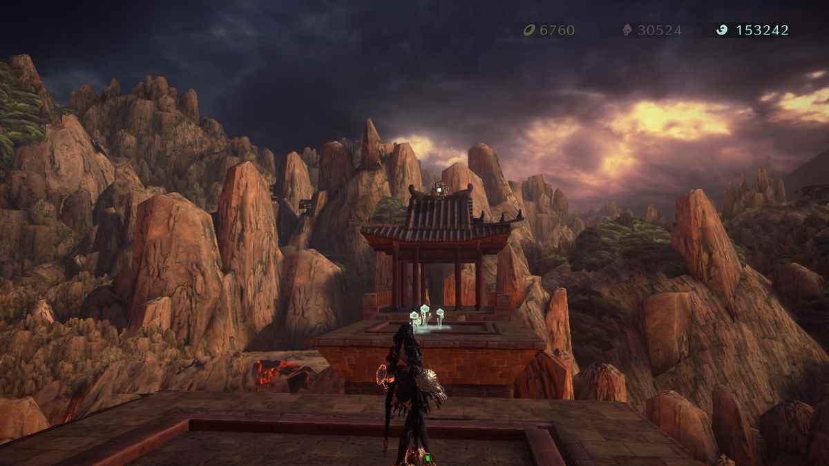 Bayonetta se dresse sur un rempart de château et contemple un sanctuaire à Bayonetta 3.