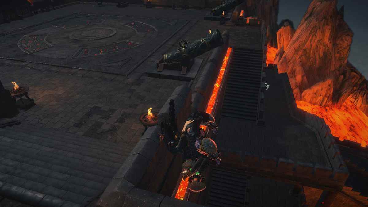 Bayonetta se perche au bord d'un rebord sur un château près d'une perle de lune brisée.