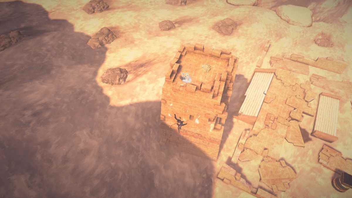 Viola saute sur une tour au milieu d'un désert dans Bayonetta 3.
