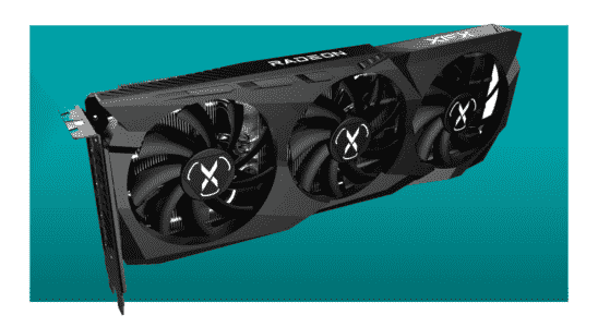 An image of an XFX graphics card on a blue background
