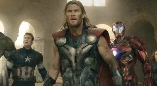 Chris Hemsworth, Chris Evans and Robert Downey Jr. in Avengers: Age of Ultron