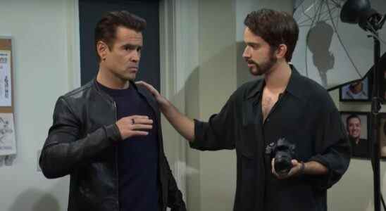 Colin Farrell speaks to a photographer during an SNL sketch.