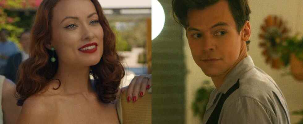 Olivia Wilde, left, wearing a blue dress. Harry Styles, right, looking behind his back. Both in the movie Don