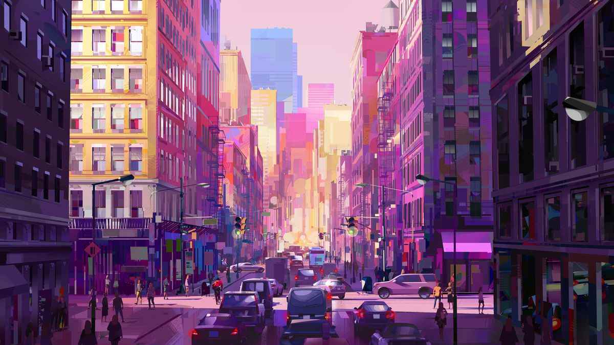 Une toile de fond animée colorée d'une intersection de New York.