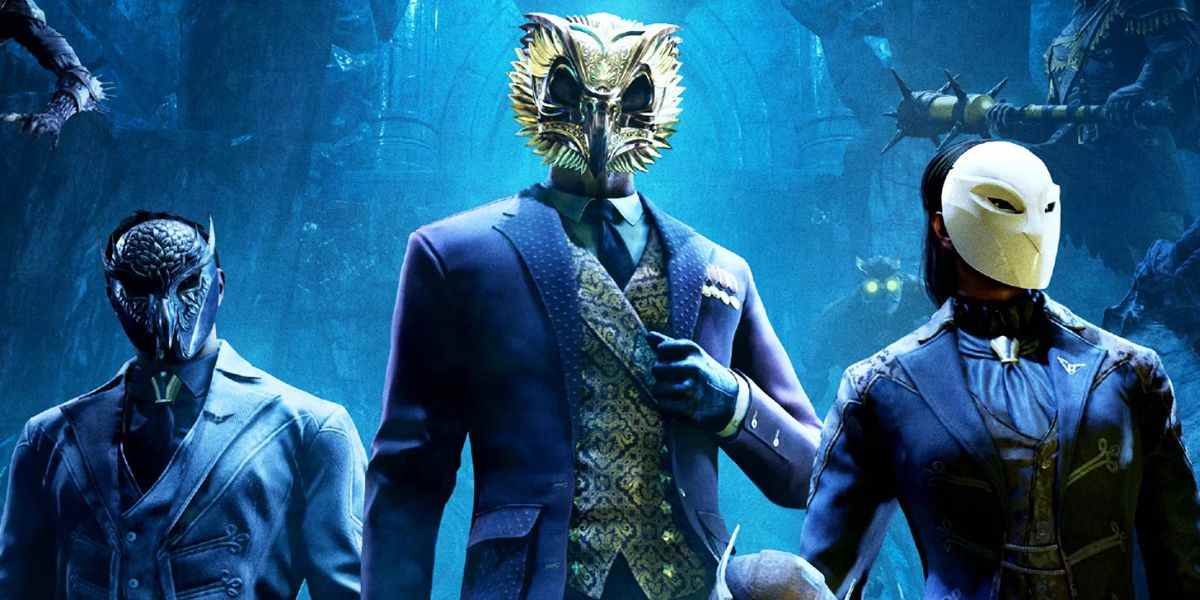 Art clé de Gotham Knights de plusieurs membres de la tristement célèbre Court of Owls - tous les trois ont des masques ornés et des costumes luxueux sur