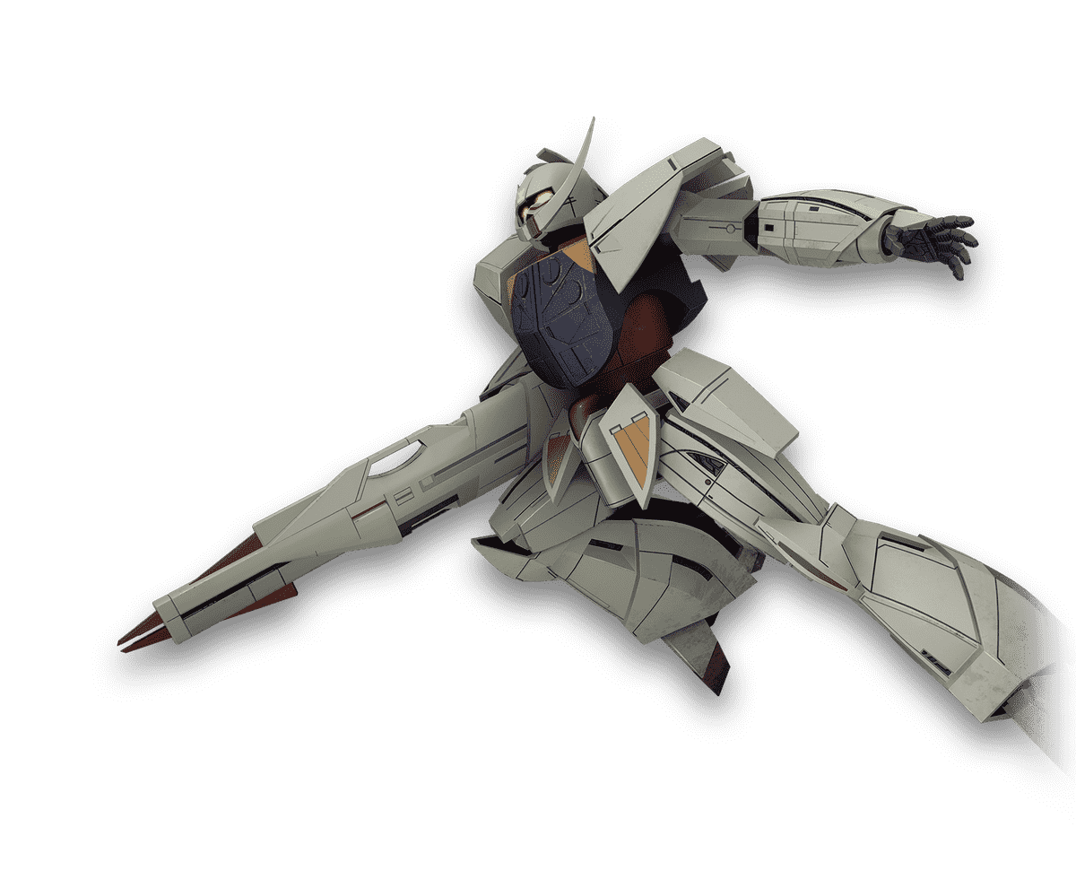 Un Gundam blanc avec un torse bleu et rouge saute vers la gauche, le bras gauche étendu derrière lui, l'autre bras berçant un très gros canon laser, qui vise le coin inférieur gauche.