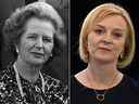 Liz Truss, à droite, sera toujours comparée à la première femme Premier ministre britannique, Margaret Thatcher, la Dame de fer.