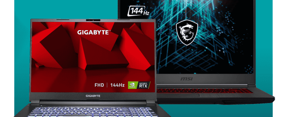An MSI and a Gigabyte gaming laptop on a blue background.
