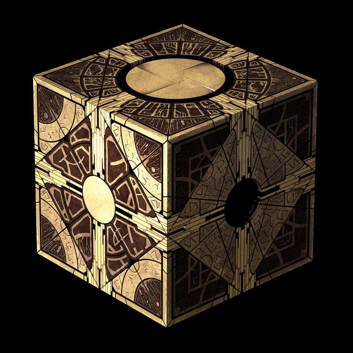 Art conceptuel pour la conception de la configuration Lament de la boîte de puzzle dans Hellraiser (2022), un cube marron foncé avec un design complexe gravé en or.