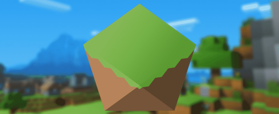 The PolyMC project logo overlayed atop a blurred piece of official Minecraft artwork.