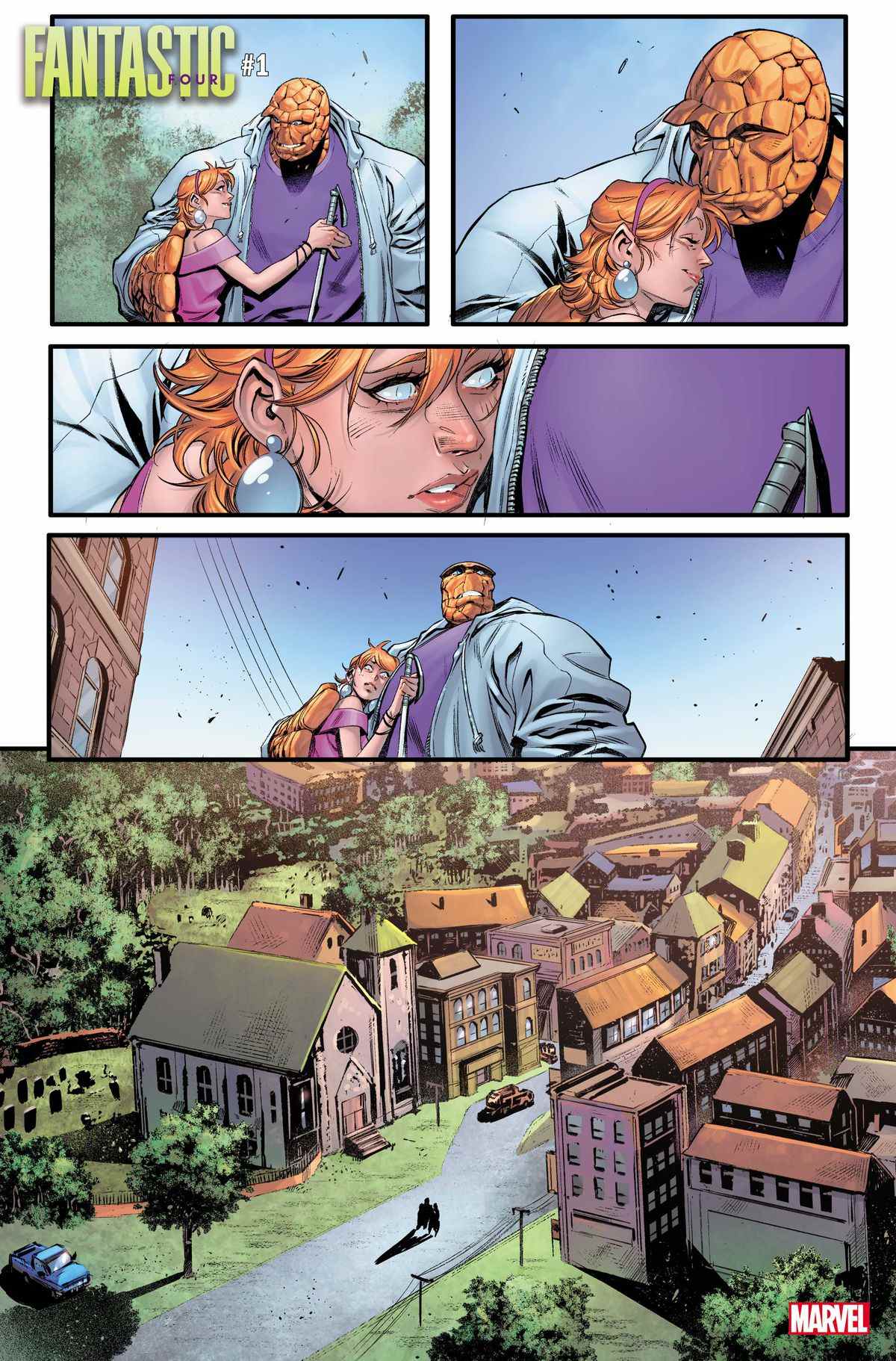 Ben Grimm et Alicia arrivent dans une ville étrangement vide dans Fantastic Four #1 (2022).