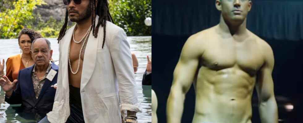 Lenny Kravitz in Shotgun Wedding and Channing Tatum in Magic Mike XXL, pictured side by side.