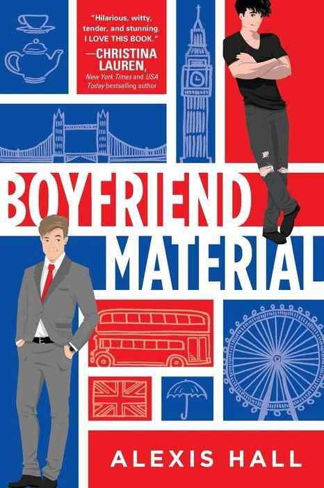 couverture de Boyfriend Material par Alexis Hall : plusieurs blocs bleus et rouges contenant des dessins blancs de monuments londoniens.  Dans le coin supérieur droit se trouve une illustration d'un homme habillé avec désinvolture, en bas à gauche une illustration d'un homme vêtu d'un costume