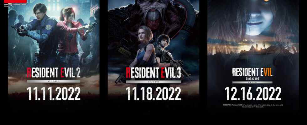 Resident Evil 2 Cloud sera lancé le 11 novembre, Resident Evil 3 Cloud le 18 novembre et Resident Evil 7 biohazard Cloud le 16 décembre